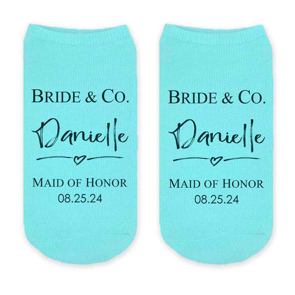 Gorgeous bride and co tiffany style design custom printed on turquoise no show cotton socks make a unique gift for the entire bridal party.