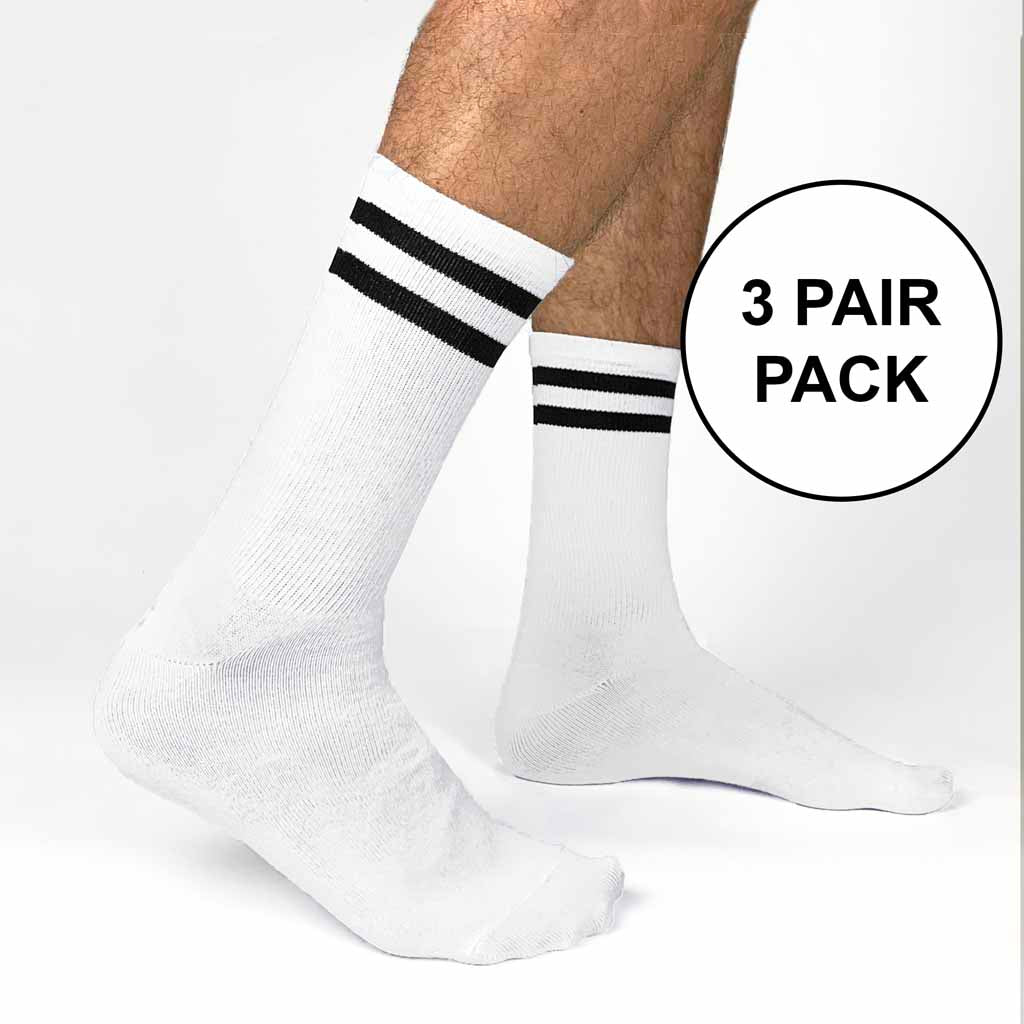Basic black striped white cotton crew socks available in two sized sold in a three  pair pack same size and color by sockprints.