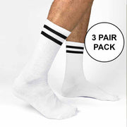 Basic black striped white cotton crew socks available in two sized sold in a three  pair pack same size and color by sockprints.