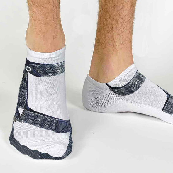 Super cute birthday, holiday or white elephant gift these custom printed no show socks with classic or gripper soles digitally printed with mens sandals.