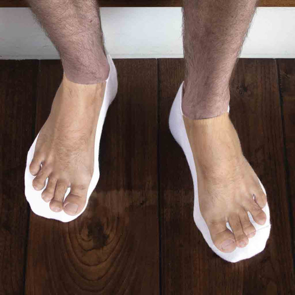 Digitally printed feet image on no show cotton socks.