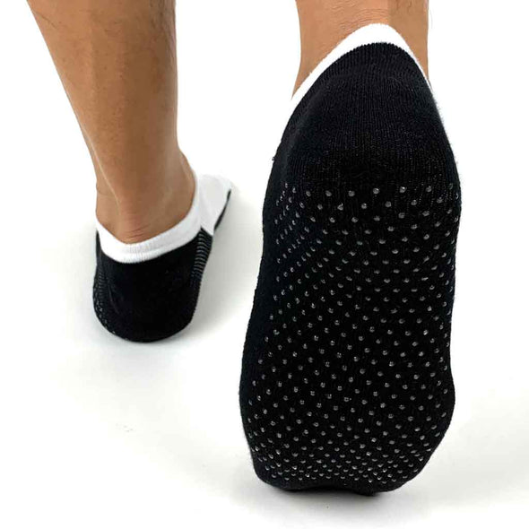 Silicone anti skid dots on the bottom soles of the no show socks and we custom print your design on the top white part of the socks.