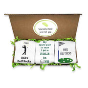 Fun personalized golf socks for men custom printed and sold as a three pair set in a gift box.