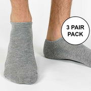 Super soft heather gray cotton blend no show socks available in three sizes sold as a three pair pack in same size and color.