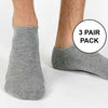 Super soft heather gray cotton blend no show socks available in three sizes sold as a three pair pack in same size and color.