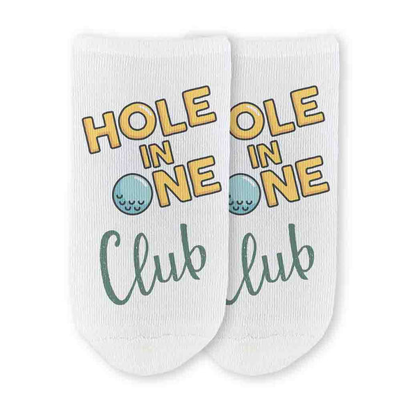 Hole in one club design digitally printed on the top of comfy white cotton no show socks are perfect for your favorite golfer.