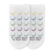 The perfect gift for your favorite golfer these it takes balls to play golf with golf digitally printed with golf ball design on white cotton no show socks.