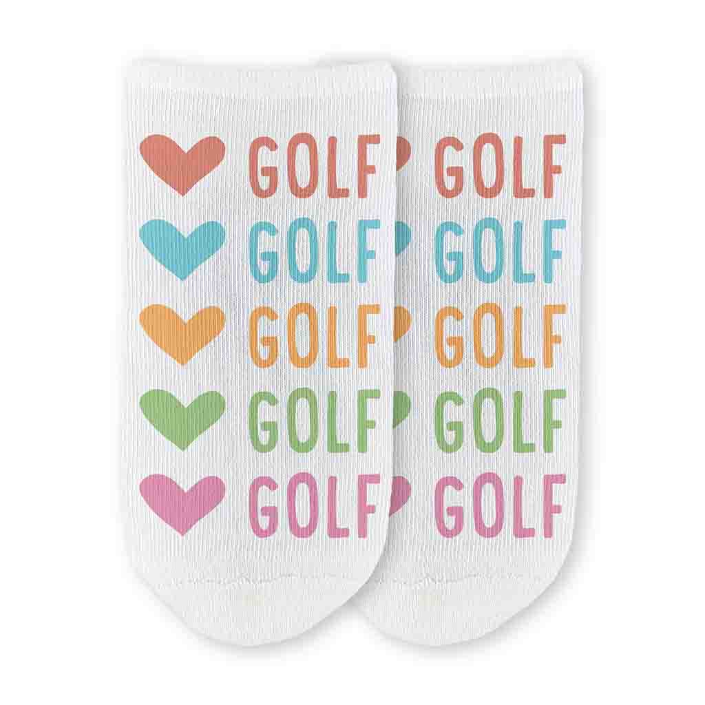 Colorful heart golf novelty no show socks digitally printed design on the top of the socks is the perfect gift for any golfer.