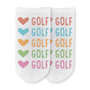 Colorful heart golf novelty no show socks digitally printed design on the top of the socks is the perfect gift for any golfer.