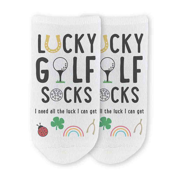 I need all the luck I can get Lucky Golf Socks design by sockprints digitally printed on the top of the comfy white cotton no show socks are perfect for a round of golf.