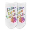 Comfy white cotton no show socks custom printed with a rainbow par tee golf design.