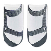 Novelty socks with mens sandals digitally printed on white cotton no show socks with classic or gripper soles.