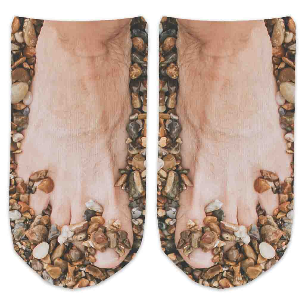 Mens feet in rocks custom design by sockprints is digitally printed on the top of no show cotton socks.