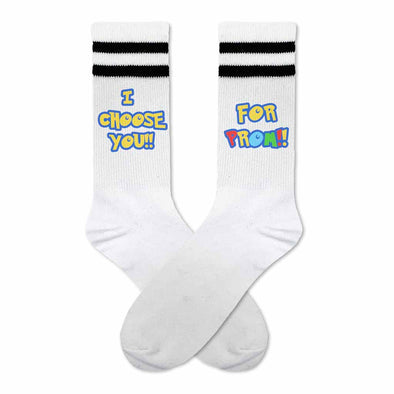 I choose you for prom in colorful anime style font design digitally printed on both sides of white cotton striped crew socks make a great way to ask someone to prom.