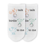 Novelty golf socks digitally printed with talk birdie to me design on the top of the comfy white cotton blend no show socks.