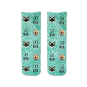 Super cute cat mom design custom printed on background of your choice seen here with turquoise speckle background and personalized with your own photo face digitally printed on short cotton crew socks.