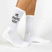 Mr. Always Right digitally printed in black ink on white crew socks.