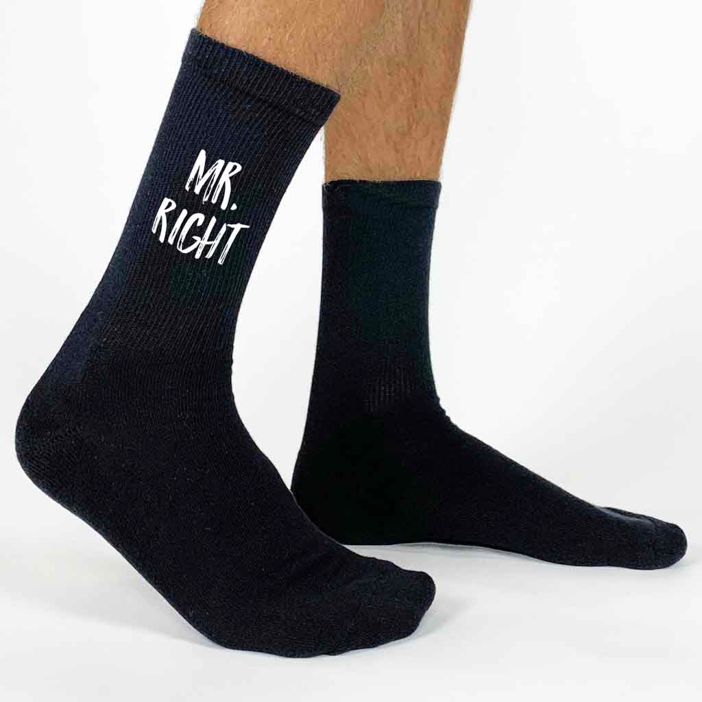 Mr. Right digitally printed in white ink on black crew socks.