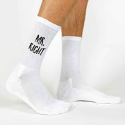 Mr. Right digitally printed in black ink on white crew socks.