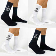 Mr. Right, Mrs. Right, Mr. Always Right, Mrs. Always Right digitally printed on crew socks.