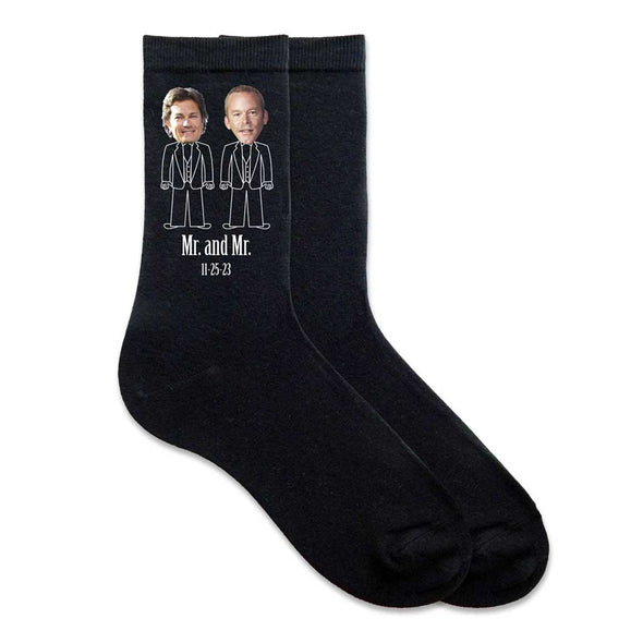 Personalized Mister and Mister wedding socks with photos.