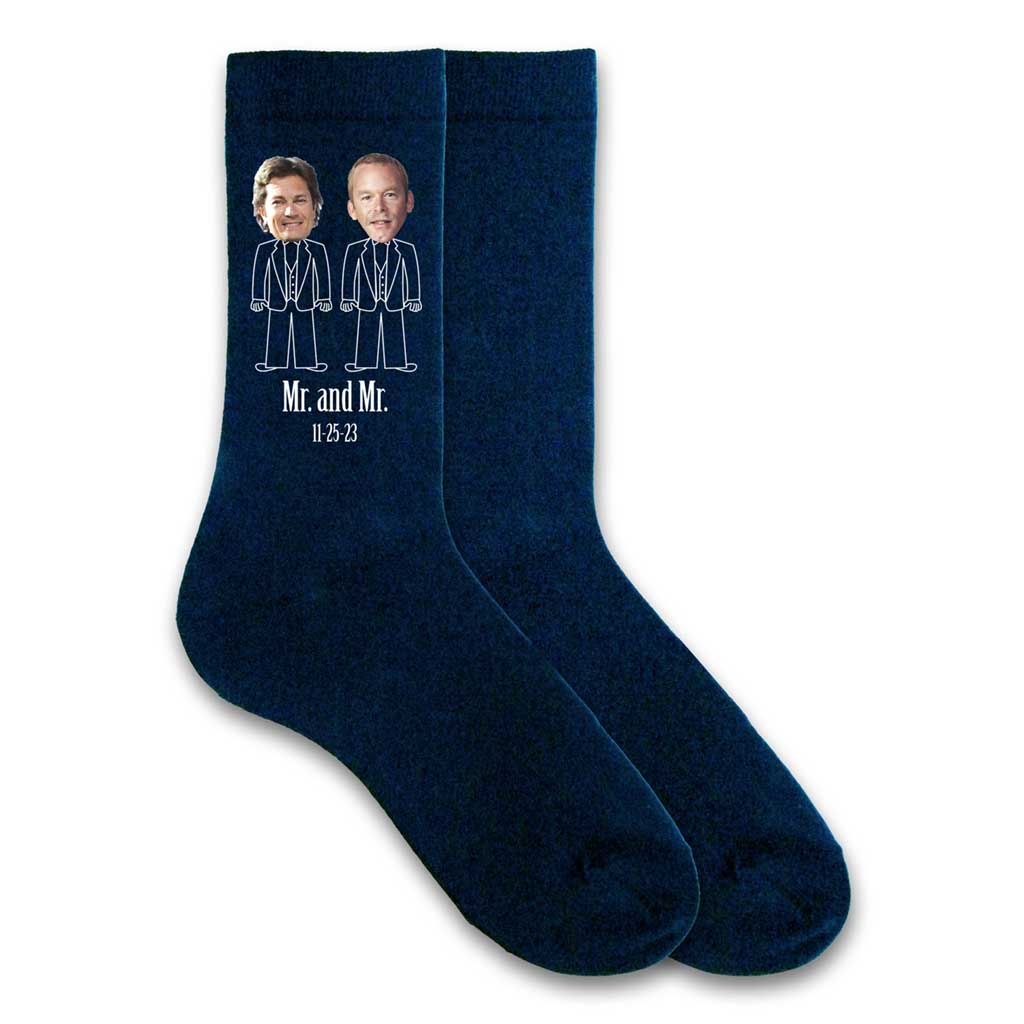 Custom printed wedding socks for the groom and groom with photos and date.