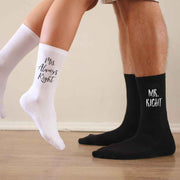Super cute Mr. Right and Mrs. Always Right socks digitally printed in ink on crew socks.