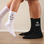 Super cute Mr. Right and Mrs. Always Right socks digitally printed in ink on crew socks.