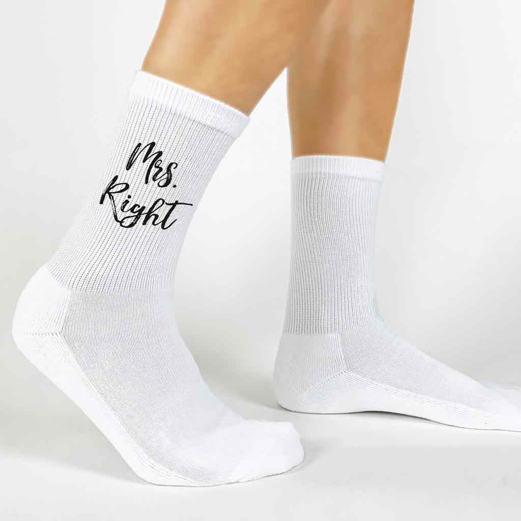 Mrs. Right digitally printed in black ink on white cotton crew socks.