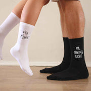 Mrs. Right and Mr. Always right digitally printed on cotton crew socks.