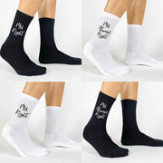 Mr. Right and Mrs. Always Right digitally printed on cotton crew socks.