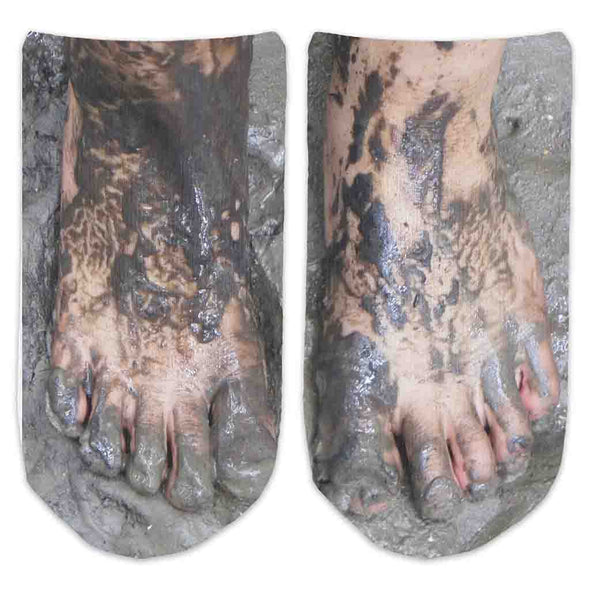 Muddy feet design custom printed on white cotton no show socks.