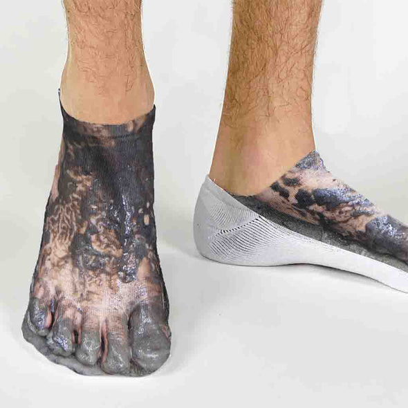 Muddy feet design by sockprints digitally printed on comfy white cotton no show socks.