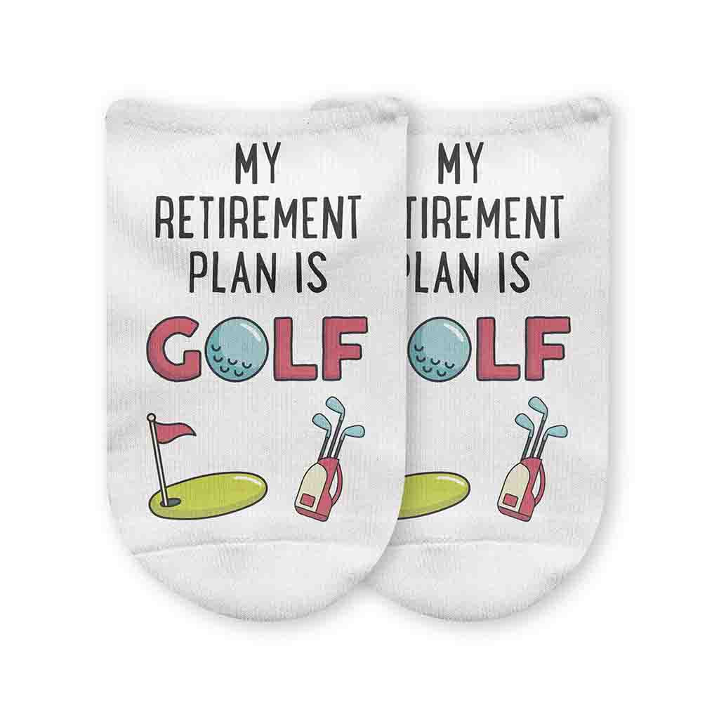 These cotton blend 1/2 cushion no show socks are digitally printed on the top of the socks with retirement plan golf design. 
