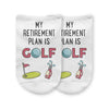 These cotton blend 1/2 cushion no show socks are digitally printed on the top of the socks with retirement plan golf design. 