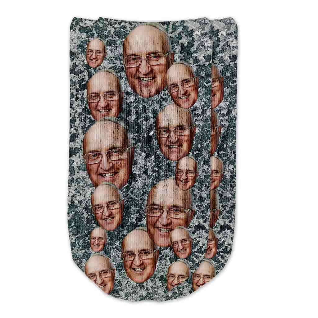 Photo collage face socks custom printed on cotton no show socks with dark gray speckle background.