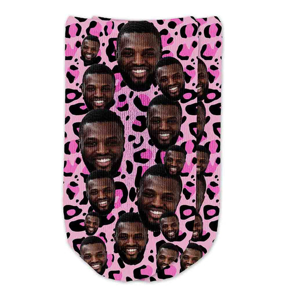 Photo collage face socks custom printed on no show socks with pink leopard background.