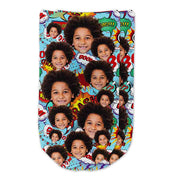 Cute photo collage face socks custom printed on no show socks with cartoon background.