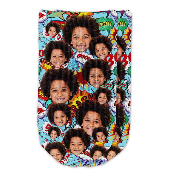 Cute photo collage face socks custom printed on no show socks with cartoon background.