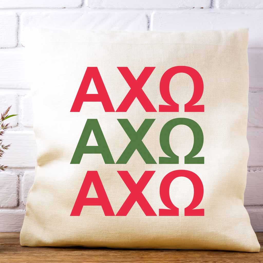 AXO sorority letters digitally printed in sorority colors on white or natural cotton throw pillow cover makes a great affordable gift idea.