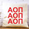 AOP sorority letters x3 in sorority colors custom printed on white or natural cotton throw pillow cover.