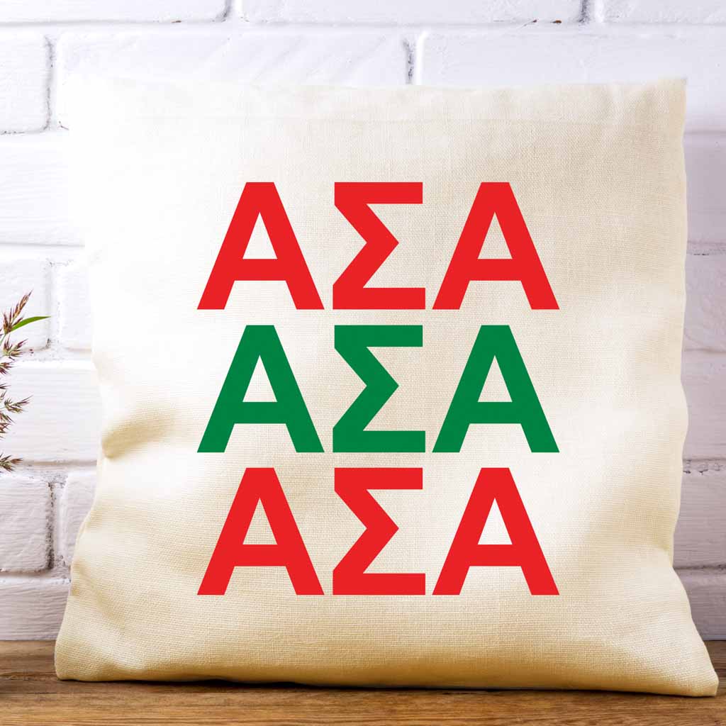 Alpha Sigma Alpha sorority letters digitally printed in sorority colors on throw pillow cover.