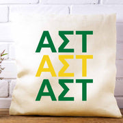 Alpha Sigma Tau sorority letters digitally printed in sorority colors on throw pillow cover.