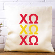 Chi Omega sorority letters digitally printed in sorority colors on throw pillow cover.