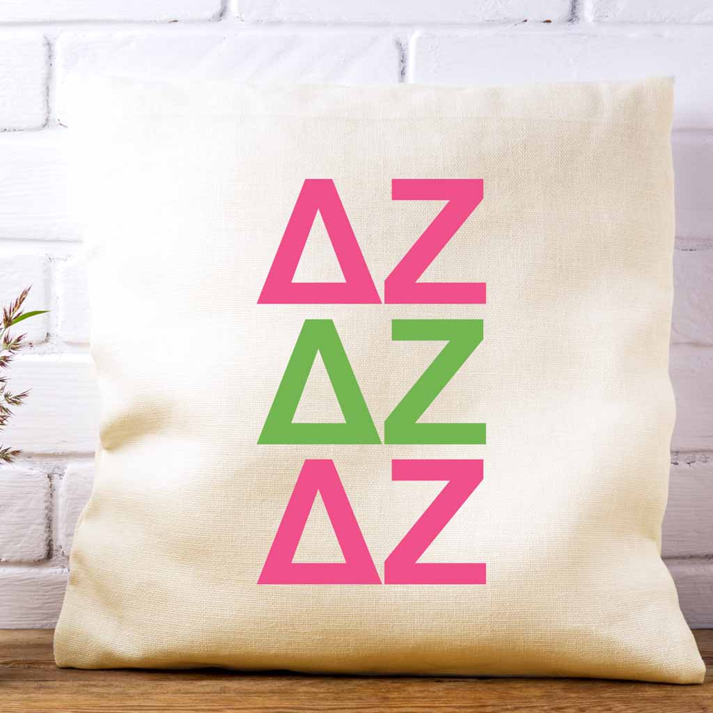 Delta Zeta sorority letters digitally printed in sorority colors on white or natural cotton throw pillow cover makes a great affordable gift idea.