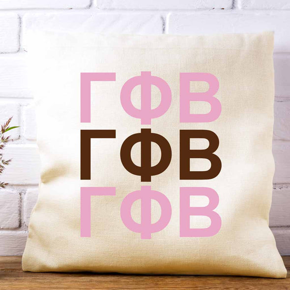 Gamma Phi Beta sorority letters digitally printed in sorority colors on white or natural cotton throw pillow cover makes a great affordable gift idea.