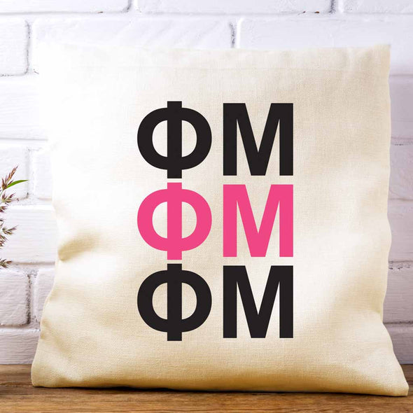 Phi Mu sorority letters digitally printed in sorority colors on white or natural cotton throw pillow cover makes a great affordable gift idea.