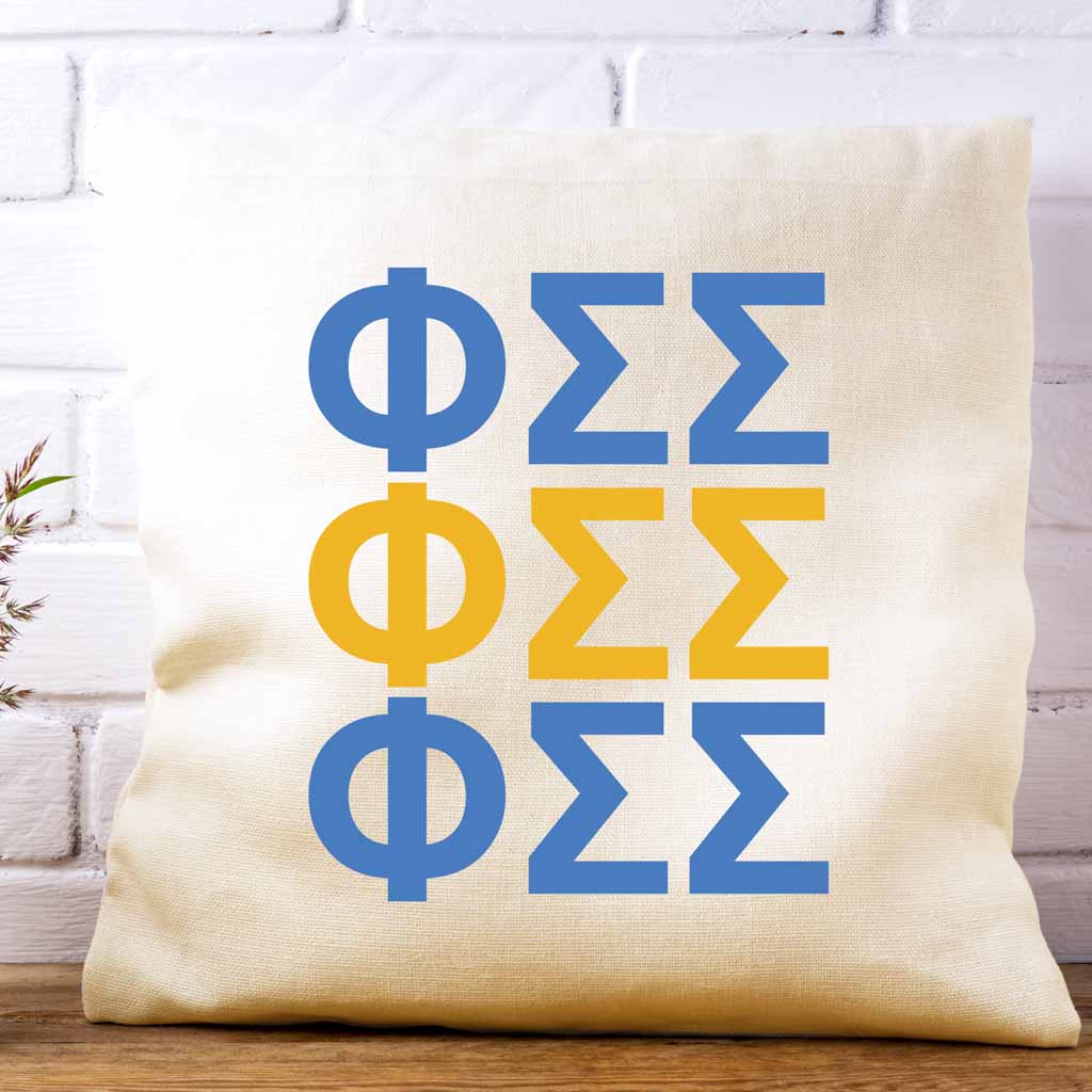 Phi Sigma Sigma sorority letters digitally printed in sorority colors on white or natural cotton throw pillow cover makes a great affordable gift idea.