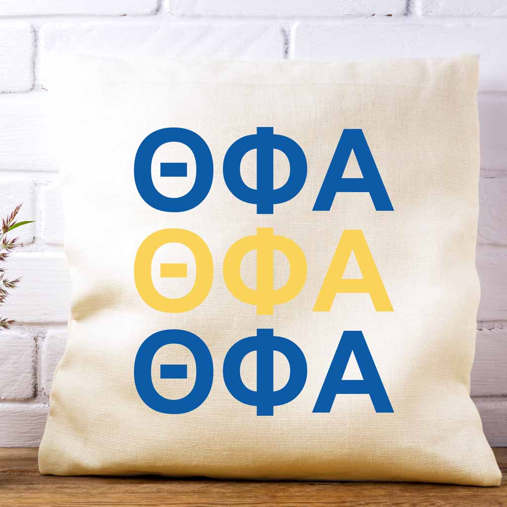 Theta Phi Alpha sorority letters digitally printed in sorority colors on white or natural cotton throw pillow cover makes a great affordable gift idea.