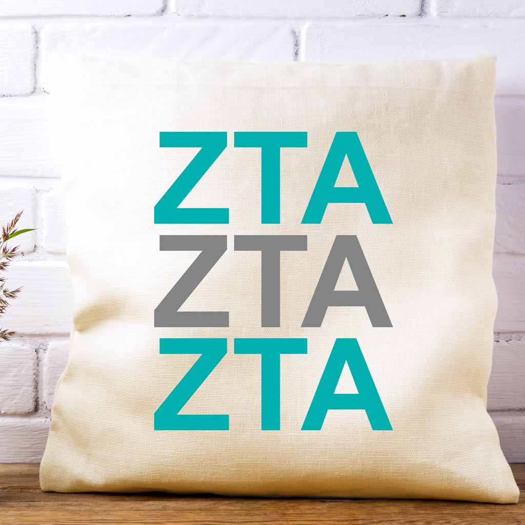 Zeta Tau Alpha sorority letters digitally printed in sorority colors on white or natural cotton throw pillow cover makes a great affordable gift idea.